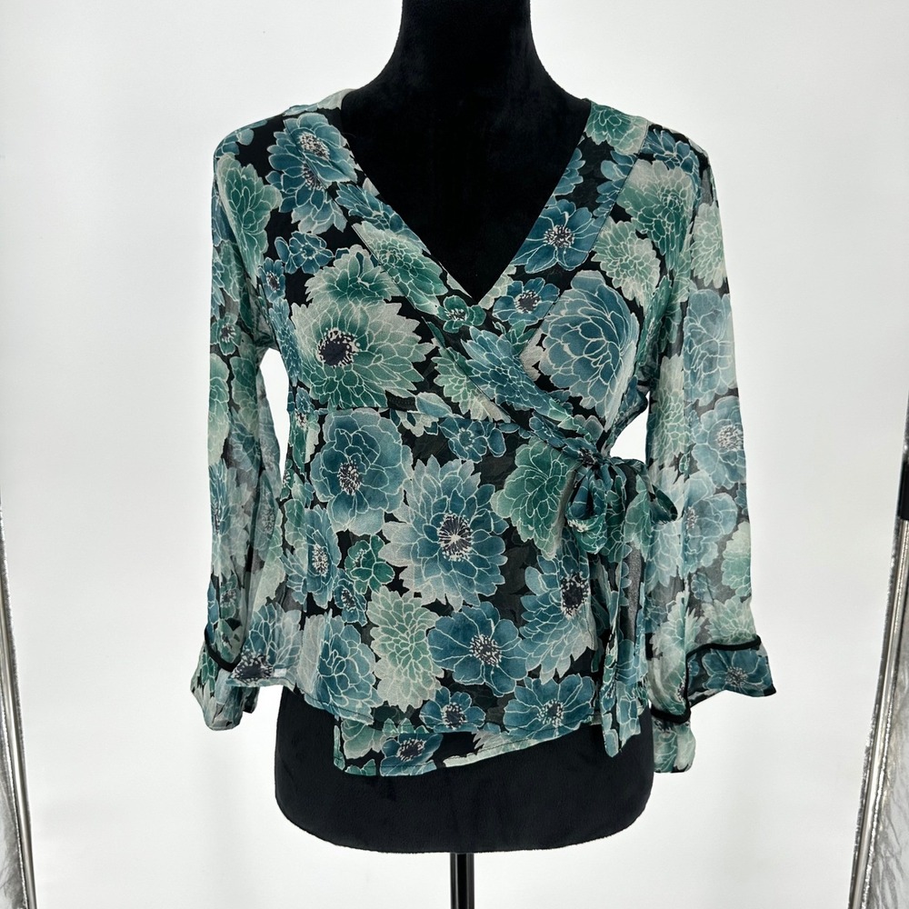 Allison Taylor Blue Teal Floral Wrap 100% Silk Blouse Top 3/4 Sleeve Boho Medium